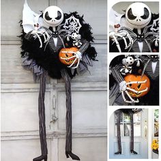 the halloween decorations are hanging on the door and decorated with black and white striped fabric