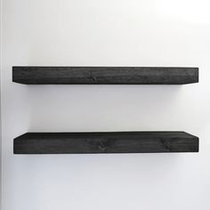 two black wooden shelves against a white wall