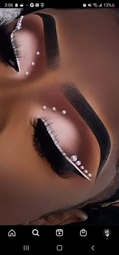 Makeup Look With Diamonds, Soft Makeup Look With Rhinestones, Makeup Looks With White Waterline, Makeup With Pearls Black Women, Eyeshadow Looks With Pearls, Pearl Makeup Looks Prom, Pearl Makeup Looks Black Women, White Makeup Looks Black Women, Diamond Makeup Looks