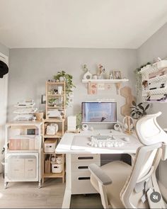 a desk with a computer on top of it in front of shelves and baskets filled with plants