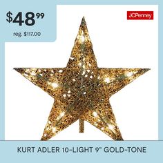 Add sparkle to your holiday decor with this glittery gold-tone tree topper.10 clear lights5-point star design48" lead wireindoor useincludes 4 spare bulbs and 1 fuse1x3.2x10.3"Himported Features: LightedBase Material: 10% Plastic, 5% MetalCountry of Origin: Imported Ornaments Tree, Wire Tree, Kurt Adler, Tree Topper, Tree Toppers, Tree Ornaments, Gold Tones, Sparkle, Holiday Decor