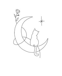 a black and white drawing of a cat sitting on the moon