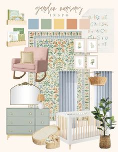 a baby's nursery room with floral wallpaper and pastel colors, such as pink