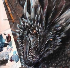 a painting of a black dragon with its mouth open