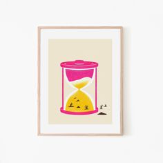 a pink and yellow hourglass on a beige background with small birds flying around it