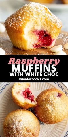 raspberry muffins with white choc on a plate