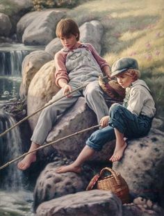 two children sitting on rocks with fishing rods