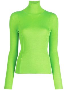 bright green wool-cashmere blend ribbed knit high neck long sleeves straight hem Green Turtleneck, High Neck Long Sleeve, Long Sleeve Turtleneck, Green Wool, Knit Jumper, Knitwear Women, Bright Green, Long Tops, Ribbed Knit