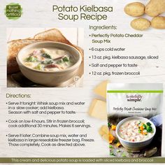 the recipe for potato kieleboa soup is shown in an advertisement with instructions on how to make it