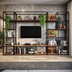 an entertainment center with bookshelves and plants on the shelves, along with a flat screen tv