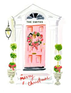 a watercolor painting of a pink door and potted plants