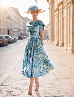 Tea Length Dress Pattern, Dresses For Tea Party, High Tea Outfits For Women, Tea Length Dress Patterns, Blue Wedding Guest Dress, Dress Formal Wedding Guest, Tea Party Attire, Blue Wedding Guest Dresses, Formal Wedding Guests