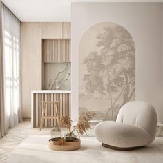 a white chair sitting in front of a painting on the wall next to a potted plant