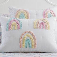 Add an enchanting touch to their sleep space with our so-soft comforter, featuring sweet rainbow designs your little one will love. It's expertly made for lasting comfort and style, and plumped with cozy fill so they'll get their best night's rest. DETAILS THAT MATTER Comforter is made of 100% cotton poplin and finished with hand tucking. Comforter is filled with 250-gram weight, 100% polyester batting. Shams are filled with 130-gram weight, 100% polyester batting. Comforter and shams reverses t Rainbow Comforter, Rainbow Bedroom, Rainbow Bedding, Rainbow Room, Rainbow Quilt, Furniture Kids, Girl’s Room, Soft Comforter, Quilted Sham