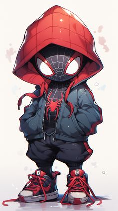 a drawing of a spider man wearing red shoes and a hoodie with his hands in his pockets