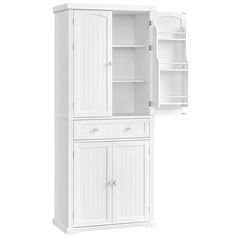 a white cabinet with two doors and shelves