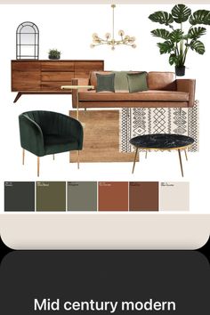 the color scheme for mid century modern furniture and decor is shown in shades of green, brown