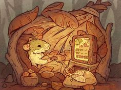 an illustration of a mouse sitting in front of some mushrooms