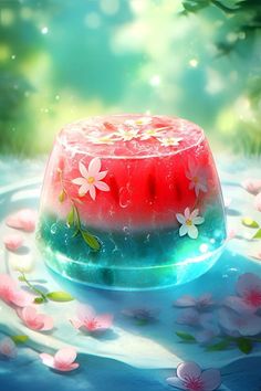 a colorful cake sitting on top of a blue table covered in water and pink flowers