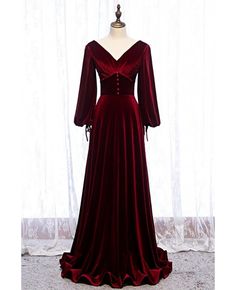 Buy dark red velvet vneck evening dress with lantern long sleeves at affordable price online. Free shipping and pro custom service since 2009. High Neck Long Sleeve Prom Dress, डिजाइनर कपड़े, Fancy Fashion, Prom Dress Long, Simple Bridesmaid Dresses, Dream Prom, V Neck Prom Dresses, Long Sleeve Prom, Red Velvet Dress