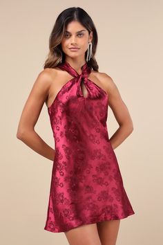 A perfect night requires a perfect dress, so dress for the evening in the Lulus Got the Key Burgundy Satin Floral Jacquard Halter Mini Dress! Lightweight satin, with a romantic floral jacquard throughout, shapes a halter neckline that supports a bodice with a keyhole detail, atop an A-line skirt that ends at a mini hem. Fit: This garment fits true to size. Length: Mid-thigh. Size medium measures 28.63" from top to bottom. Bust: Works best for A to C cup sizes - consider sizing up for fuller bust Mini Dress Satin, Cute Homecoming Dresses, Perfect Night, Adhesive Bra, Cup Sizes, C Cup, Halter Mini Dress, Floral Jacquard, Hoco Dresses