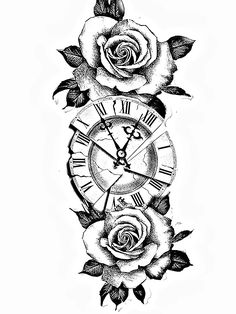 a rose and clock tattoo design on the side of a woman's arm,