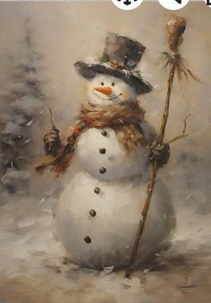 a painting of a snowman with a top hat holding a stick and wearing a scarf