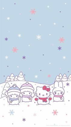 hello kitty wallpaper with three snowmen