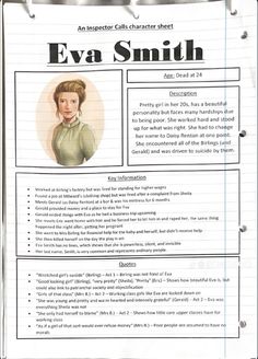 a paper with the name eva smith on it and an image of a woman's face