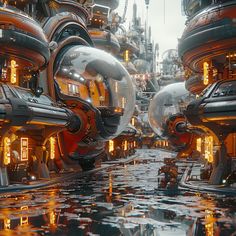 a futuristic city with lots of yellow lights and large pipes on the side of it