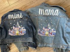 Do you need a cute matching mama and mini jacket for your upcoming trip?! This set is for you. These are ready to ship, kids size 7 and an adult size L.  The Mama jacket is a looser fit and semi crop. No refunds or exchanges. Item can be shipped within 1-2 days. Minnie Mouse Jean Jacket, Disney Jean Jacket, Personalized Minnie Mouse Jean Jacket Pink, Mommy And Me Disney Jean Jacket, Denim Disney Jacket, Disney Jean Jacket Toddler, Toddler Disney Jacket, Disney Jacket, Disney World Parks