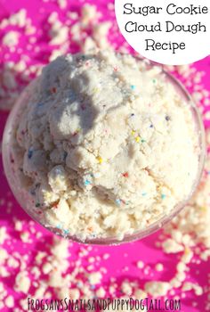 sugar cookie cloud dough recipe in a small glass bowl with sprinkles on the side