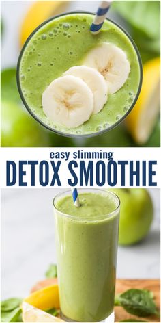 a green smoothie with bananas and limes on the side, next to an image of