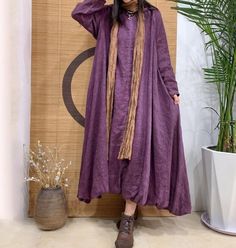 "【Fabric】 linen Lining  cotton 【Color】 Brown, peacock blue, purple 【Size】  Shoulder width is not limited Shoulder + Sleeve Length 68cm / 26\" Bust 130cm / 50\" Length 123cm / 47\" Washing & Care instructions: -Hand wash or gently machine washable do not tumble dry -Gentle wash cycle (40oC) -If you feel like ironing (although should not be necessary) , do it with steam or while the dress is still slightly wet -Do not bleach If you like this dress, perhaps you will also like other dresses from our Spring Purple Long Maxi Dress, Purple Long Maxi Dress For Spring, Long Cotton Maxi Dress For Fall, Cotton Long Maxi Dress For Fall, Bohemian Purple Maxi Dress For Fall, Purple Bohemian Maxi Dress For Fall, Bohemian Long Sleeve Dress In Natural Fiber, Bohemian Long Sleeve Solid Color Maxi Dress, Long Sleeve Bohemian Maxi Dress