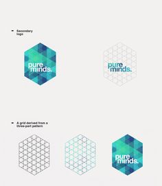 four different logos designed to look like hexagonals and geometric shapes with the words pure minds on them