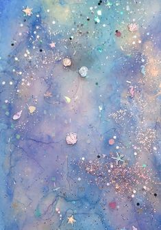 an abstract painting with lots of different colors and designs on it, including stars and bubbles