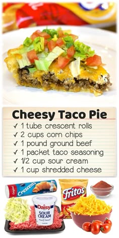 the ingredients for cheesy taco pie are shown in this graphic style, including cheese