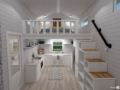 this is an artist's rendering of a tiny house with stairs leading up to the loft