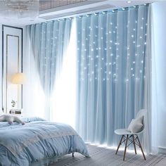 PRICES MAY VARY. 【Blue Curtains】-2 blackout curtain panels,each panels measures 52 wide x 84 high. Grommet top design, large rings, easy to install and slide.Solid Blue curtains are gorgeous and elegant, add some stylish look to your room, makes you feel cheerful and delighted 【Decor Curtain】-Modern Solid Blue Window Drapes with Sheer Tulle Overlay and Star Cut-out Design,perfect decor curtains for bedroom, living room, study kids room,nursery, kitchen and dining room decor.Double-layer design,b Rapunzel Video, Bed Idea, Nursery Idea, Window Curtains Living Room, Blackout Curtains Bedroom, Romantic Ambiance, Aesthetic Living Room, Oreo Recipes, Blue Curtains