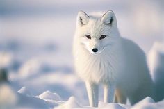 a white fox standing on top of snow covered ground