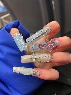 Blue And White Nails, Cross Nails, Hippie Nails, Drip Nails, Goth Nails, Grunge Nails, Pretty Gel Nails, Crazy Nails, Music Stickers