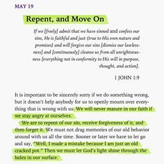 the text is highlighted in green and black on a white sheet of paper that says, repent, and move on