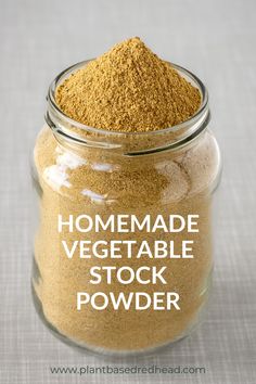 homemade vegetable stock powder in a glass jar with the words, homemade vegetable stock powder