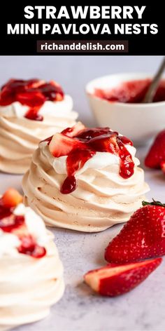 strawberry mini pavlova nests with whipped cream and strawberries on the side