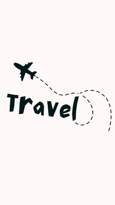 the word travel is written in black on a white background with an airplane trail going through it