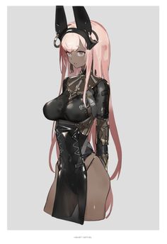 an anime character with pink hair and black leather clothes, holding her hands on her hips