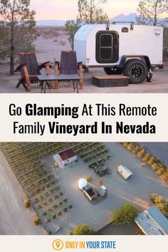 an rv parked in the middle of a parking lot next to a picnic table and chairs