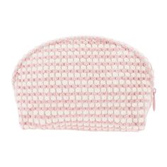 the pink and white knitted cosmetic bag is shown with two zippers on each side