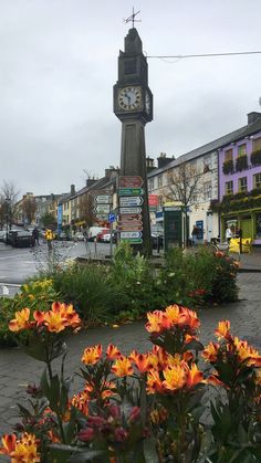 a clock tower in the middle of a city with flowers around it and buildings on both sides