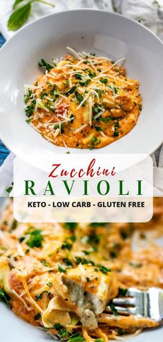 a white plate topped with ravioli next to a bowl filled with cheese and spinach